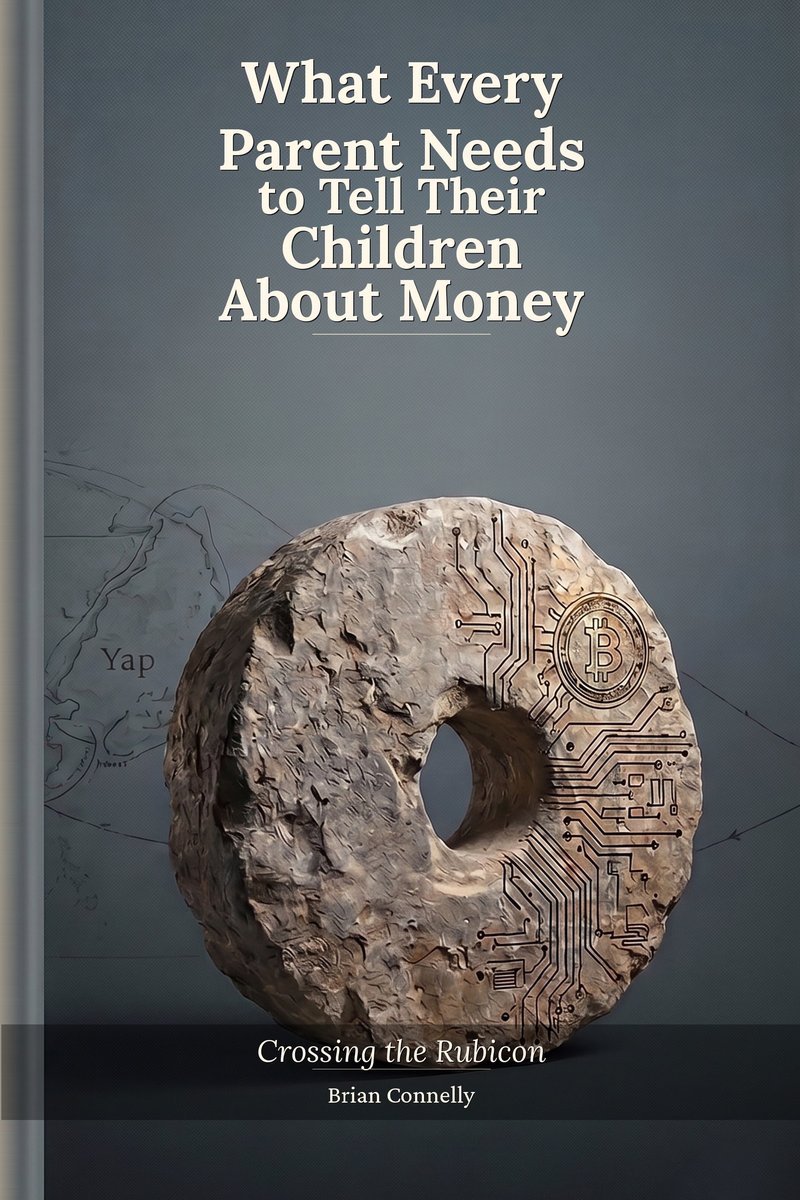 What Every Parent Needs to Tell Their Children About Money. Cover illustration of a Yap Island stone disc with circuit-board traces and a Bitcoin symbol etched into its surface.