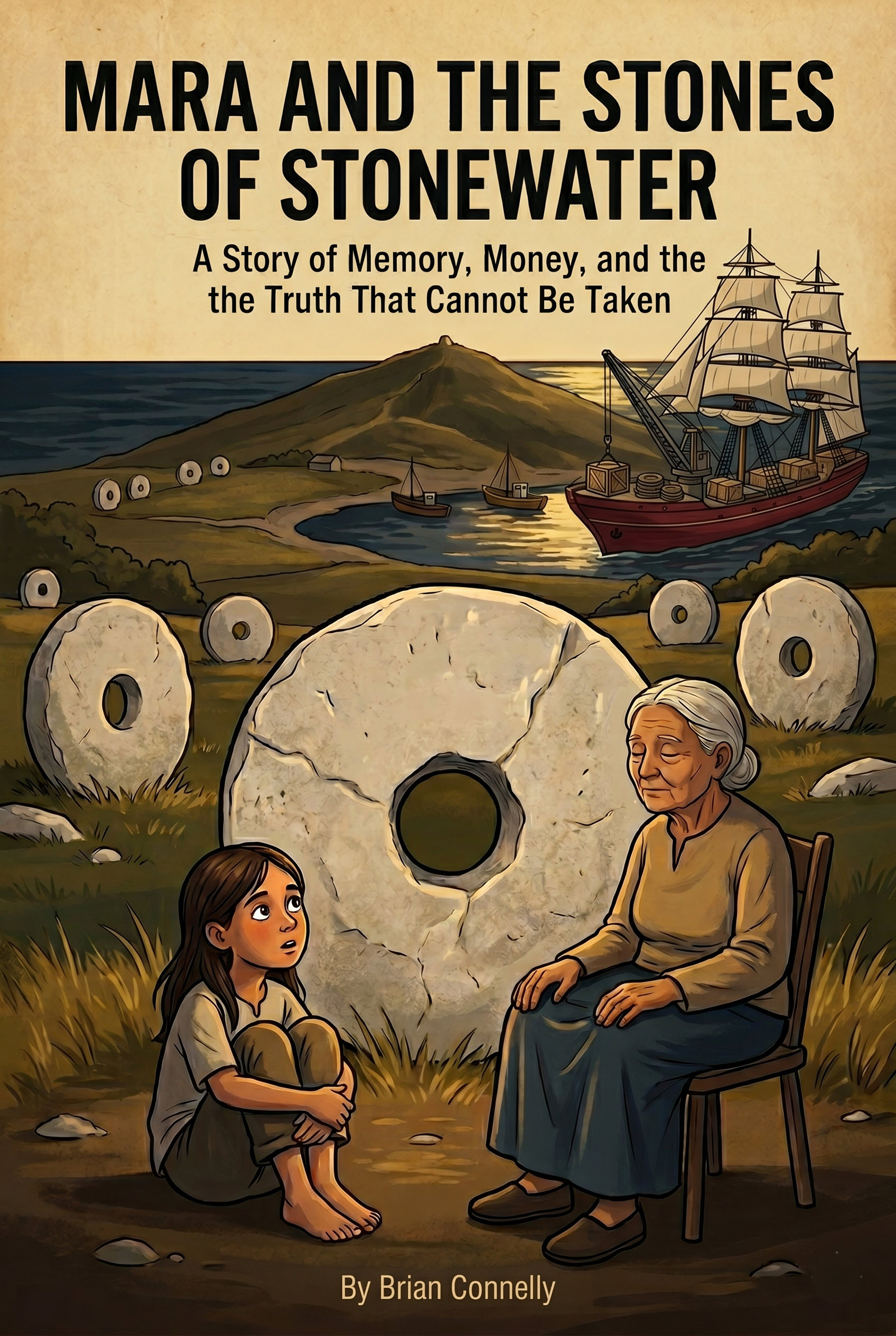 Mara and the Stones of Stonewater. Cover illustration of a young girl and an older woman beside a large stone disc, with a tall ship in the harbor behind them.